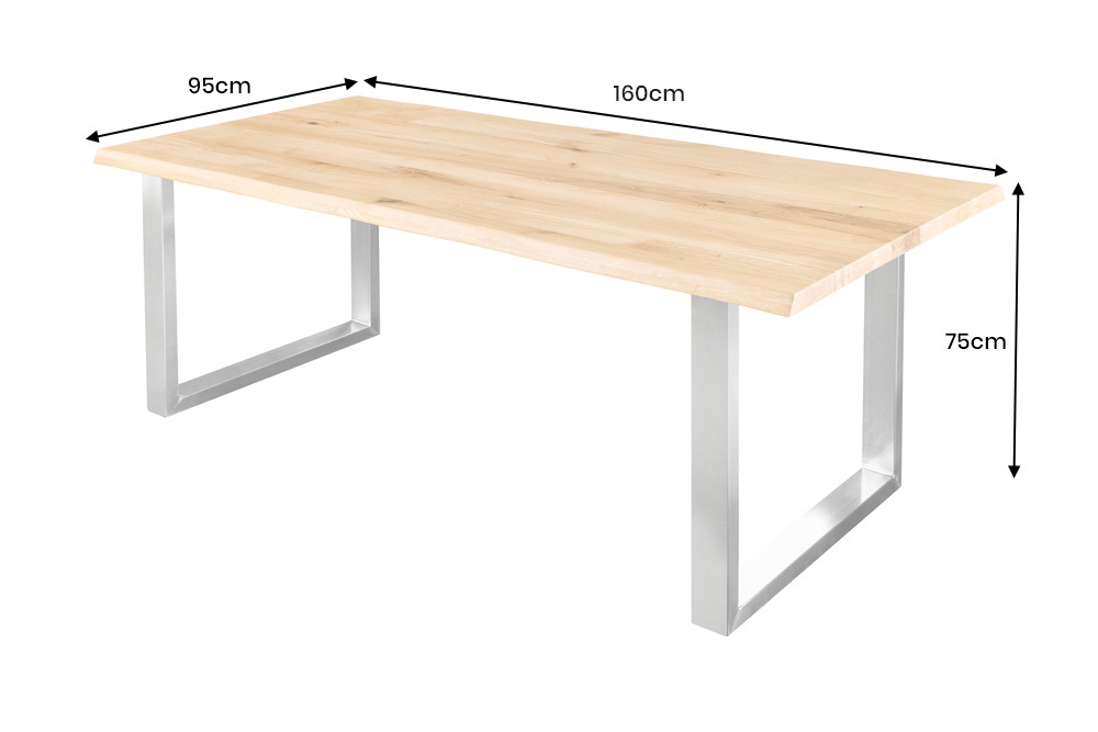 Massiver Esstisch WILD OAK 160cm natur silber Wildeiche Baumkante Edelstahl U-Gestell