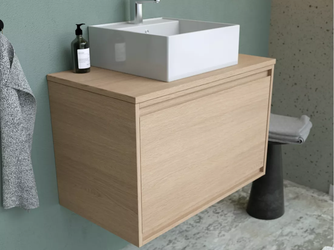Meuble sous vasque avec tiroir à l'anglaise et planche - 80 cm - Placage chêne - MESLIVA