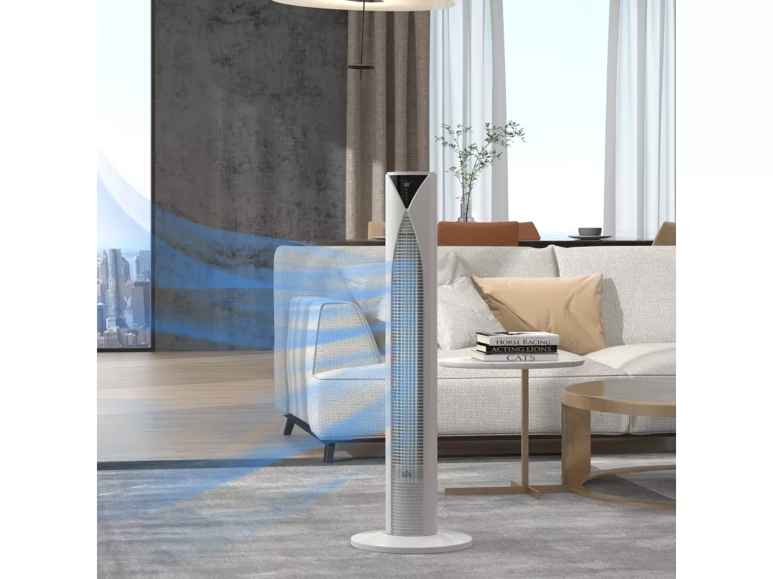 Ventilateur colonne tour oscillant 45 W silencieux télécommande incluse timer 4 modes 3 vitesses filtre blanc
