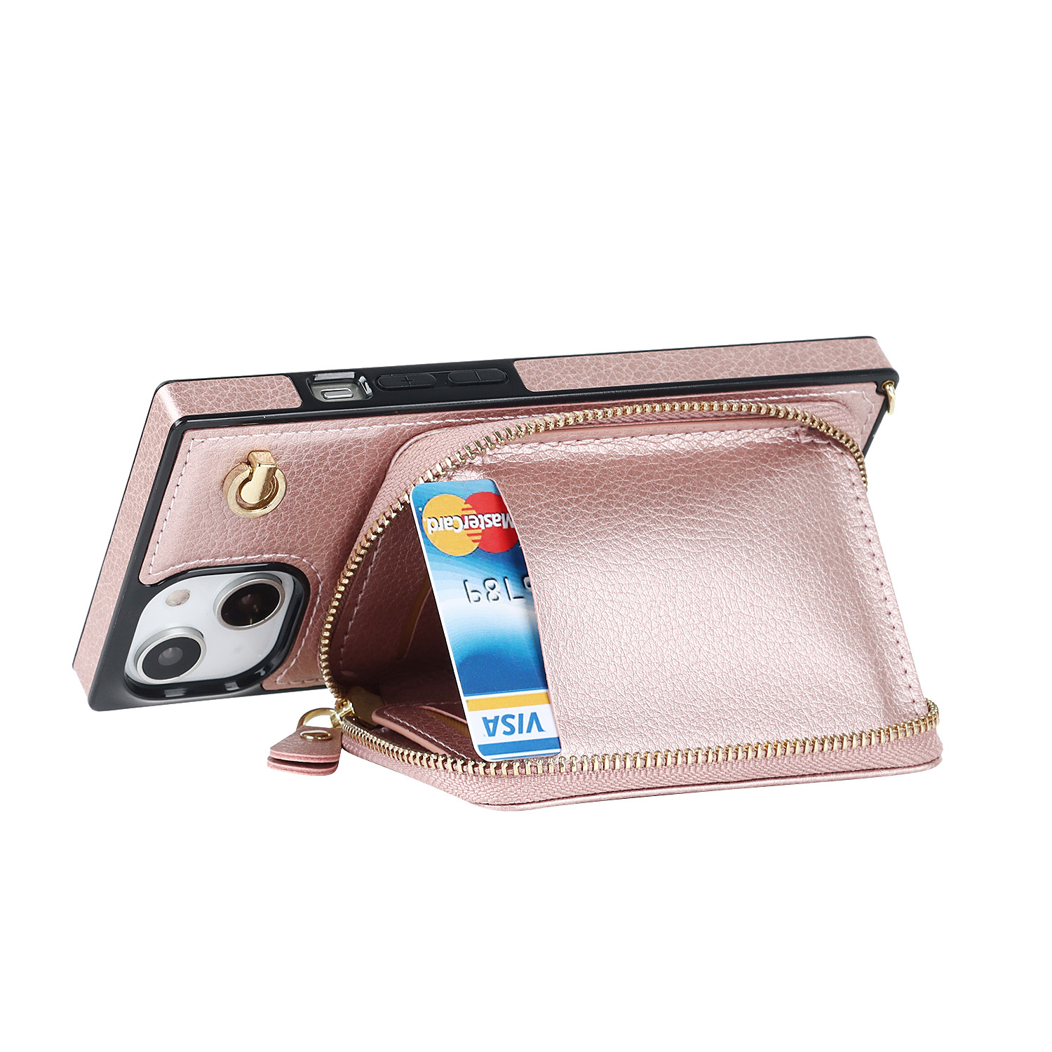 iPhone 15 Necklace Leder Schutz Hülle mit Kartenfächer   Handykette (140cm) - Roségold
