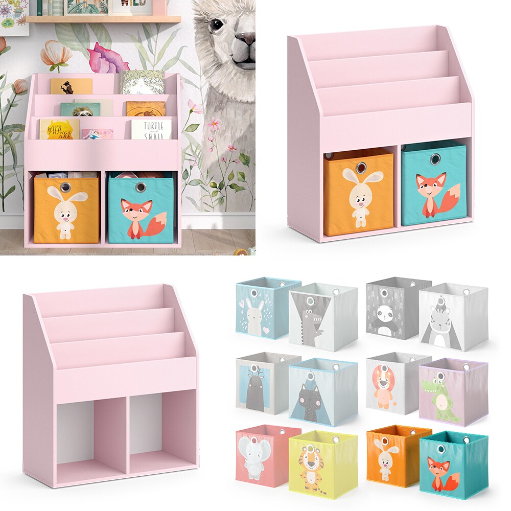 Vicco Kinderbücherregal Luigi 72 x 79 cm, Rosa, Kinderzimmerregal, mit Faltboxen