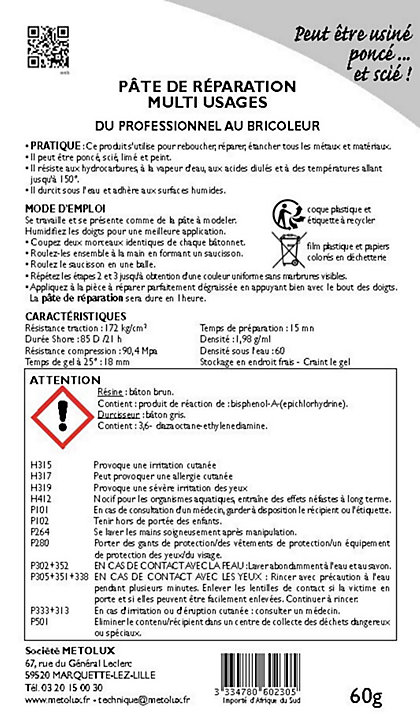 Pâte de réparation multi-usages Mastic Universel 60g Metolux