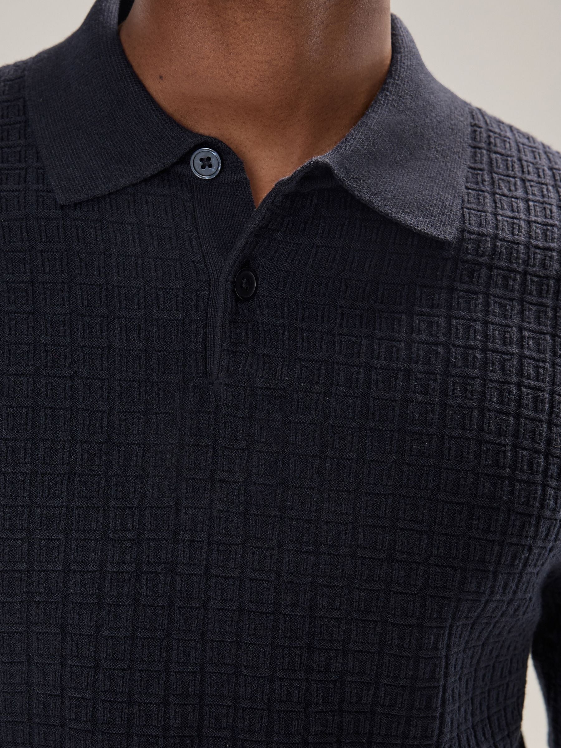Donkerblauw - Textuur - Regular Fit Essential Long Sleeve Knitted Polo Shirt