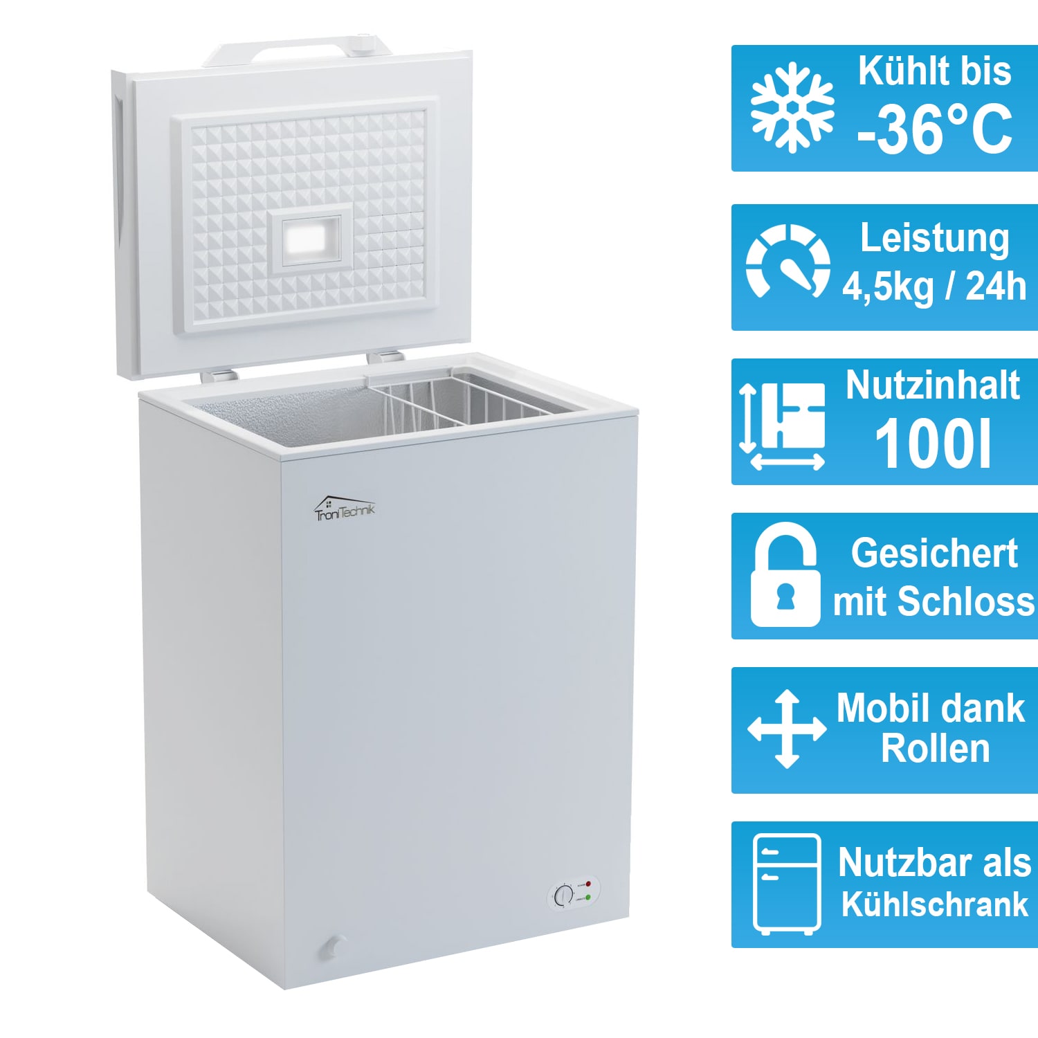 TroniTechnik® Gefriertruhe Kühltruhe BORGAR PRO mit 2in1 Gefrier- und Kühlfunktion | 110 Liter, 169kwh/Jahr | LED-Licht