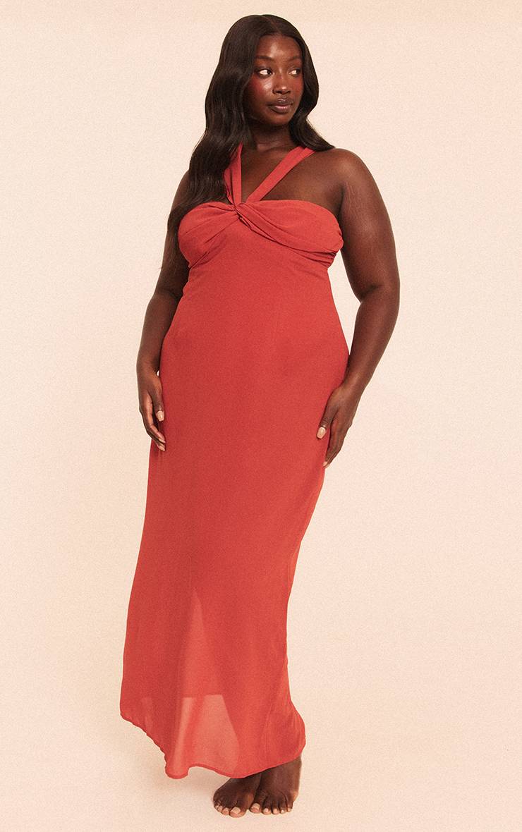 Rouille Robe De Plage Longue En Mousseline Froncée Grande Taille