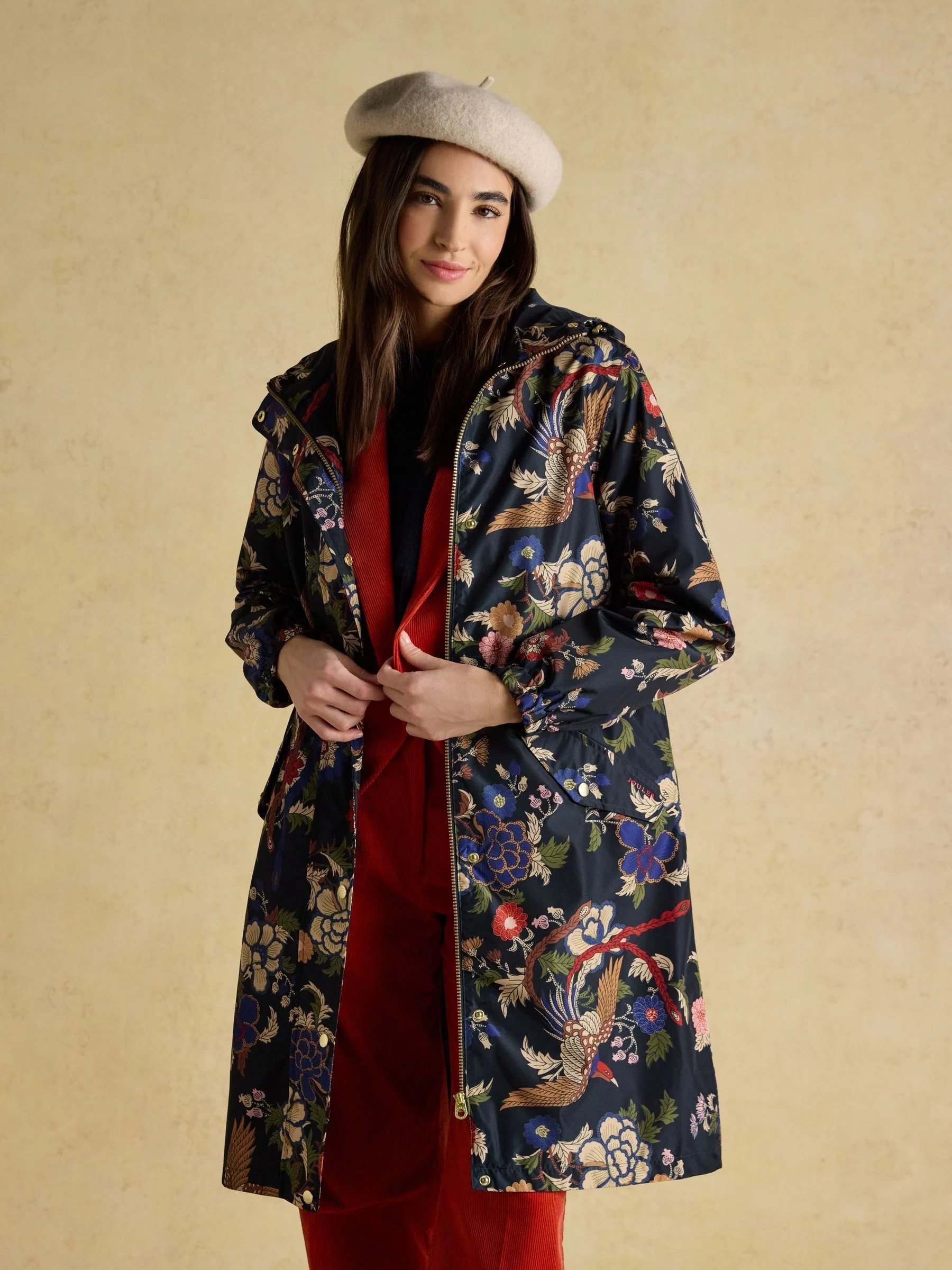 Marineblauw met vogel en bloemenprint - Joules Holkham waterdichte opvouwbare regenjas met capuchon
