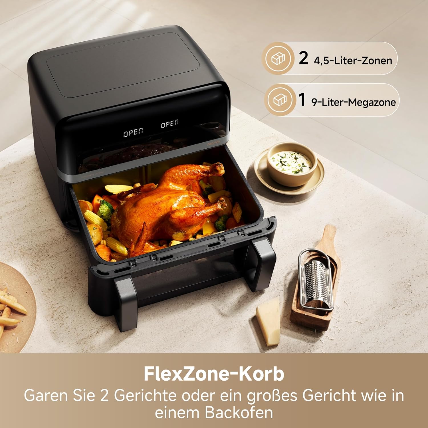 Mova AeroChef FD20 Pro Heißluftfritteuse, 9 Liter Zwei-Zonen-Garen, SyncFinish, 2.700 W für schnelles Knusprigwerden, 40 °C–230 °C Heizbereich, thermische Luftzirkulation
