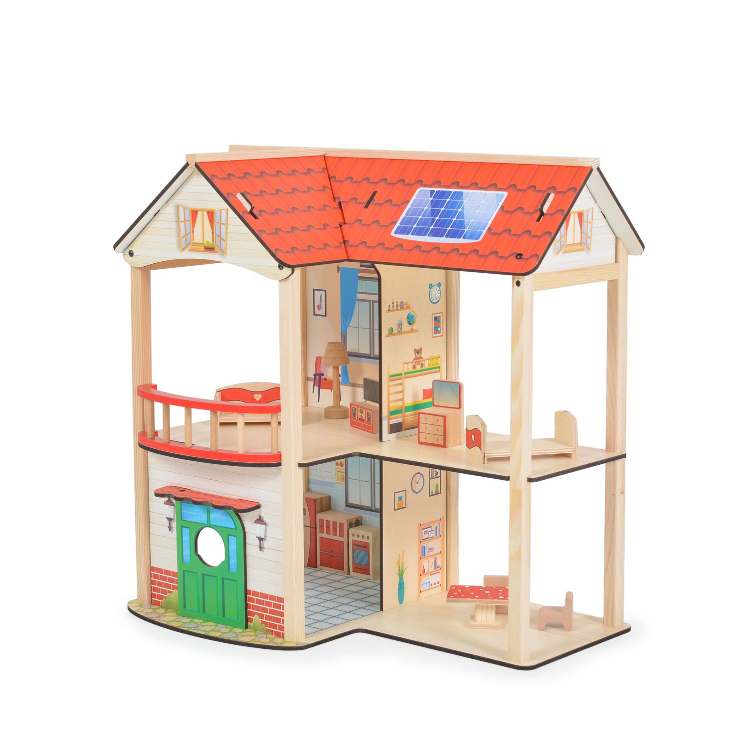 Moni Holz-Puppenhaus Elly 11 Möbelstücke, 2 Etagen, 4 Zimmer, Türe, Küche, Bad rot
