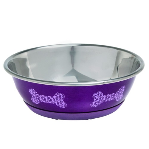 Alimentador de animais de estimação em forma de flamingo roxo com ossos