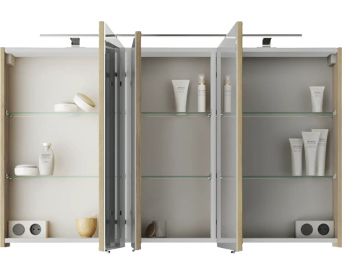 3-delige badkamermeubelset Pelipal serie 4035 BxHxD 120 x 200 x 45 cm, frontkleur eiken riviera, met keramische wastafel in wit en keramische dubbele wastafel, wastafelmeubel, spiegelkast met LED-verlichting, greep chroom hoogglans 40351200111470