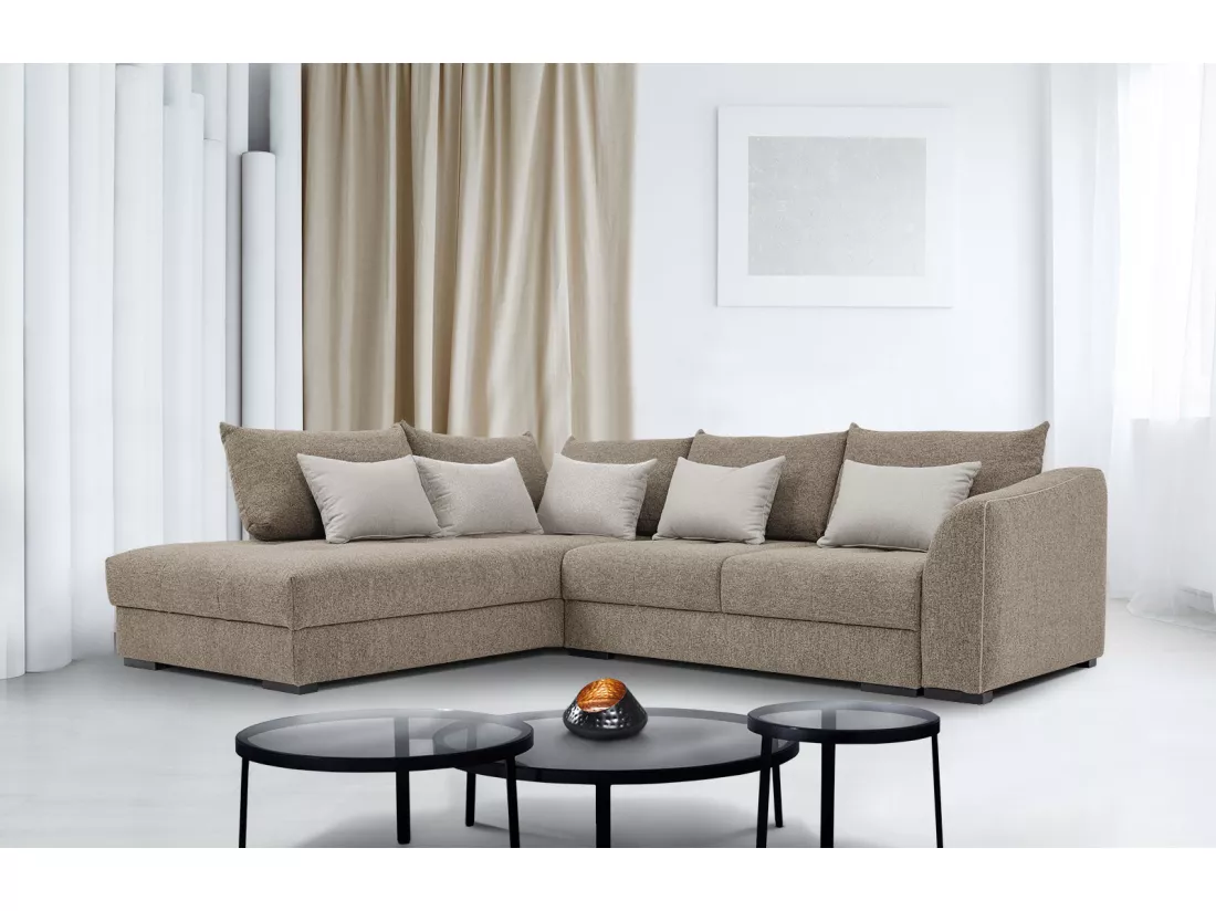 Canapé d'angle gauche 5 places convertible tissu marron clair - Elbe