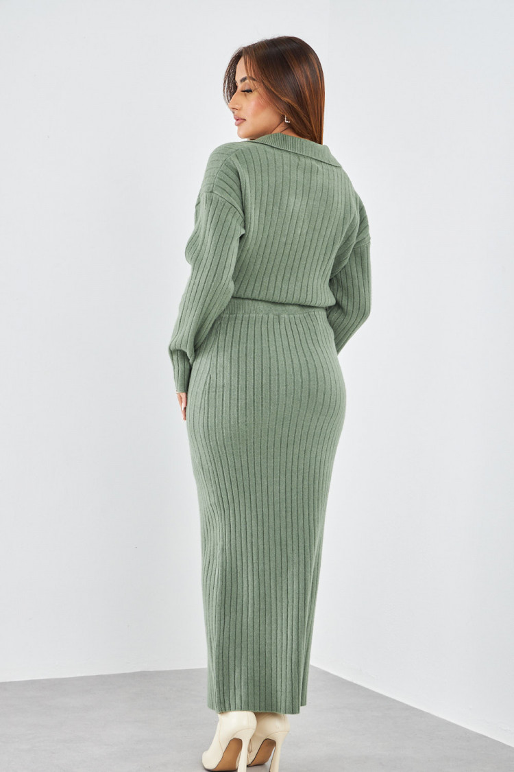 Ensemble 2 pièces pull + jupe côtelé kaki