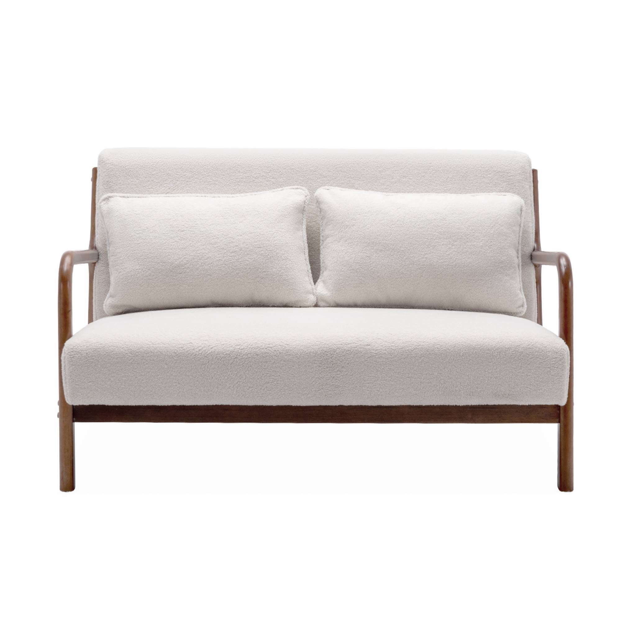 Banquette à bouclettes . Pieds bois d'hévéa teinté noyer clair. 2 places droit fixe. Pieds compas scandinave