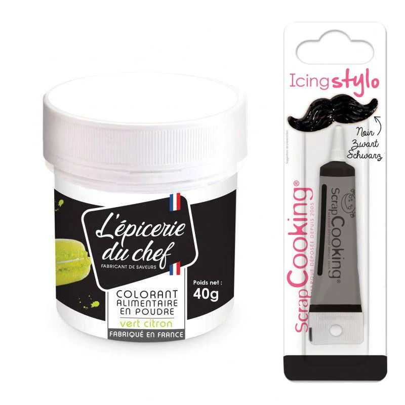 Colorant alimentaire en poudre vert citron 40 g + Stylo glaçage noir S