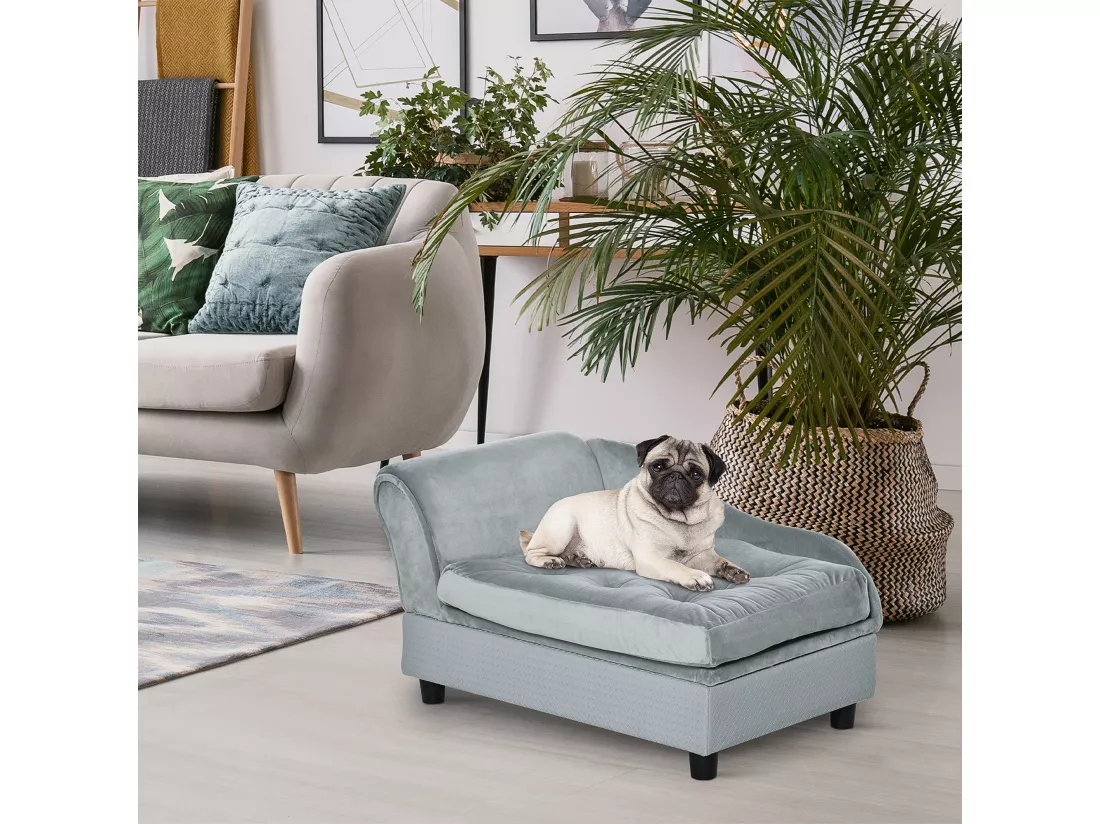 Canapé Chien Chat sur Pied avec Coffre de Rangement Style Moderne Coussin d'assise Amovible Grand Confort 76 x 45 x 41,5 cm Bleu