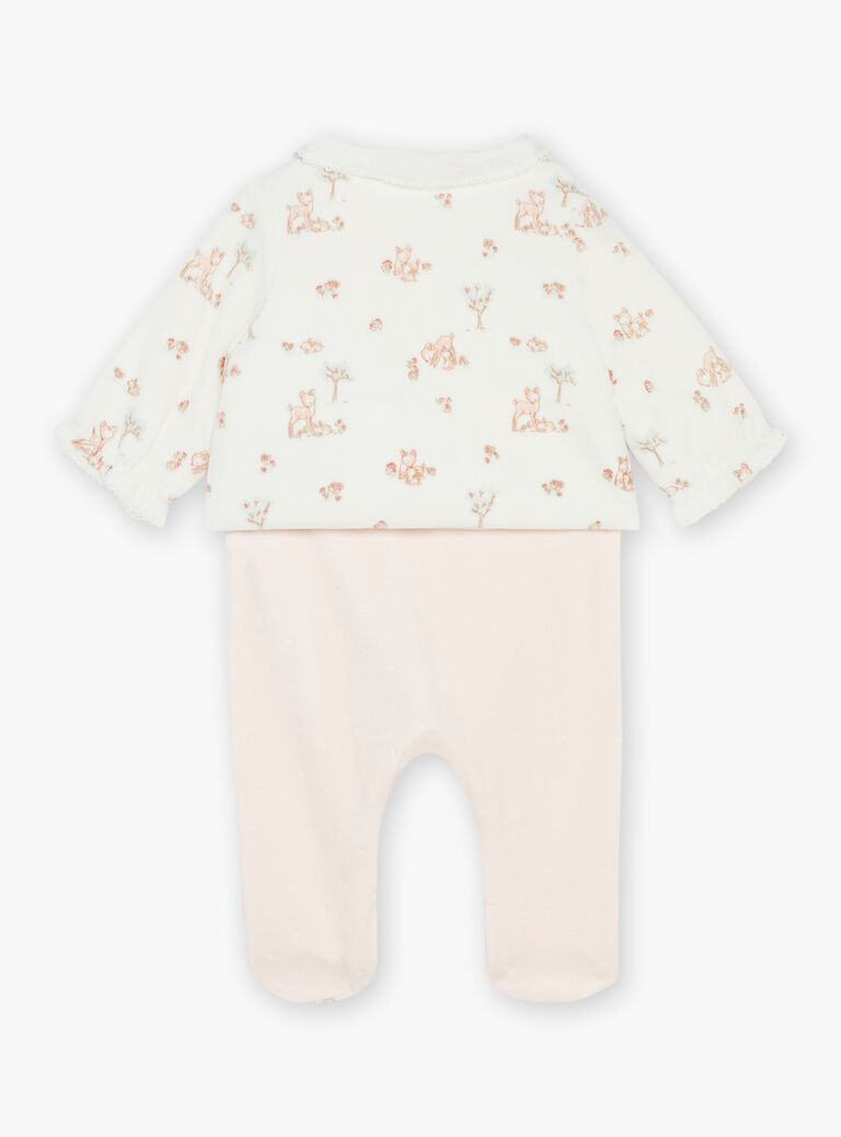 Grenouillère rose pâle et gilet écru en velours en coton biologique et polyester recyclé