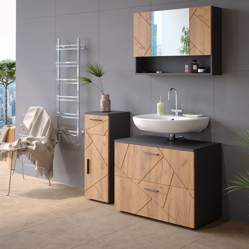 Vicco Midischrank Badschrank Badezimmermöbel Irma Anthrazit Eiche modern 30x81 cm Badezimmer Schrank Badmöbel Schranktür Schrankfach Schrankschublade Ablage Aufbewahrung
