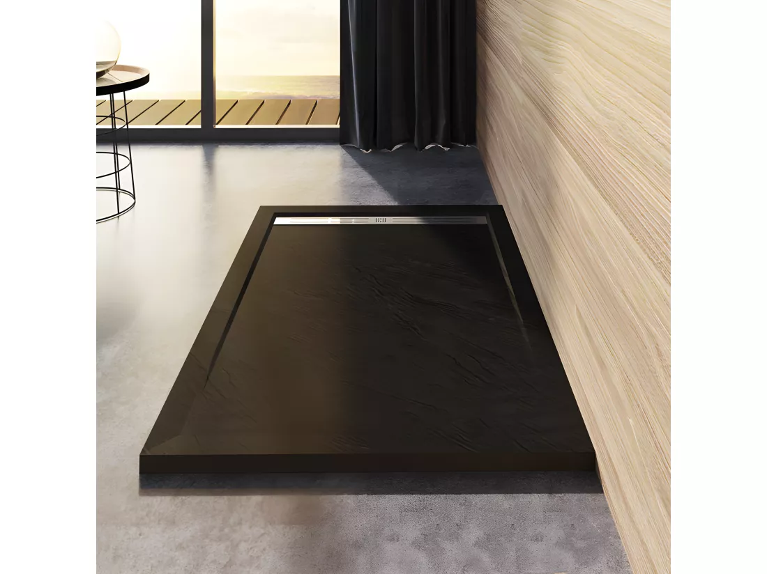 Receveur de douche 100x80cm Extra-plat bac à douche noir, avec grille en inox et bonde de série