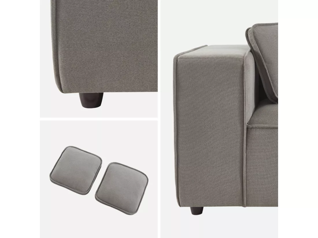 Canapé modulable tissu gris 3-4 places déperlant. 2 corners + 1 assise + 1 pouf