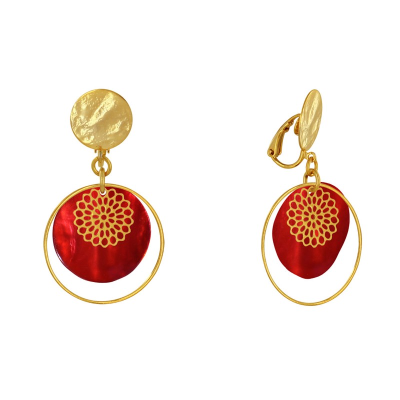 Boucles d'Oreilles Clip Métal Doré Cercle et Pastille de Nacre
