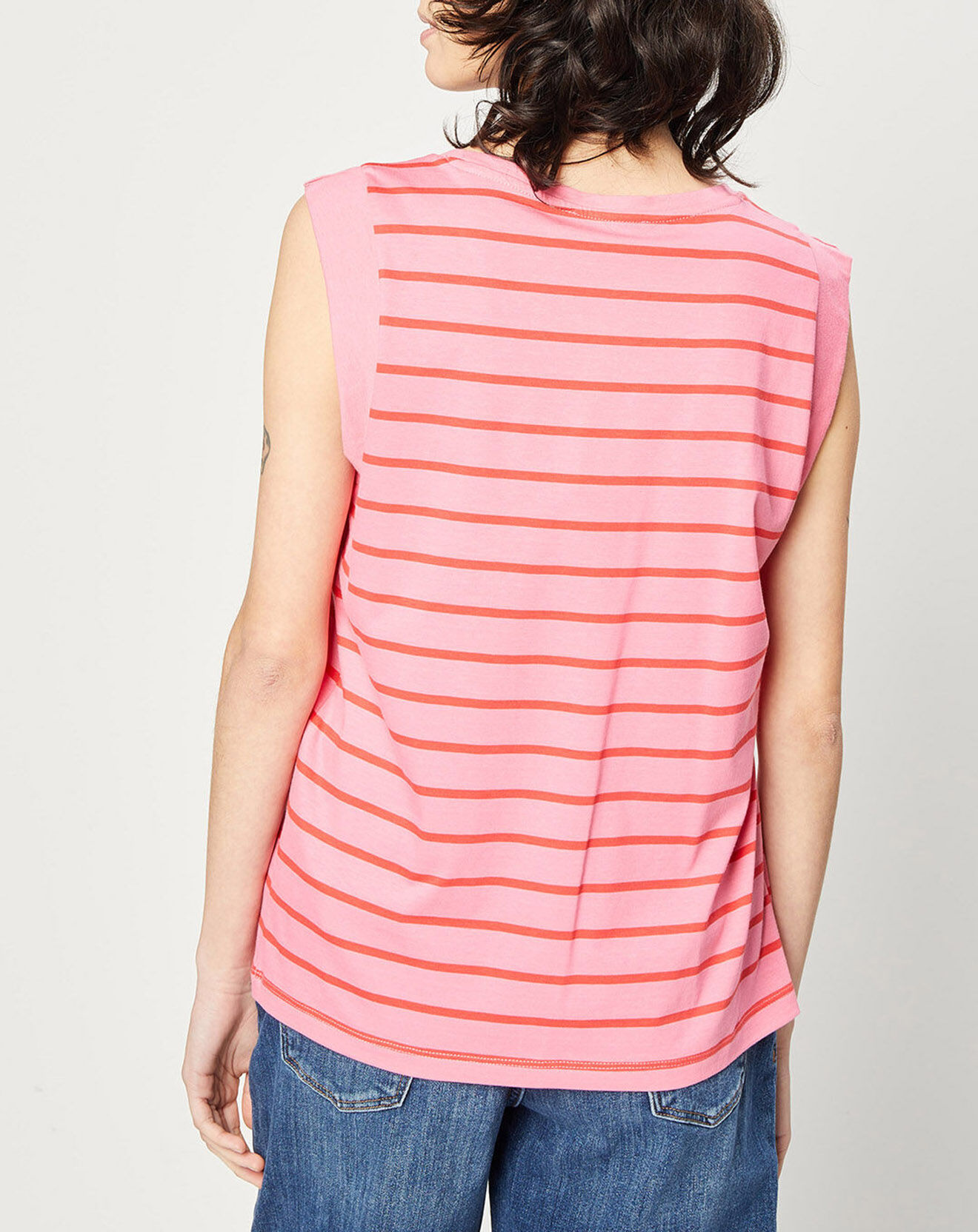Esprit T-Shirt en Coton sans manches à rayures rose/rouge