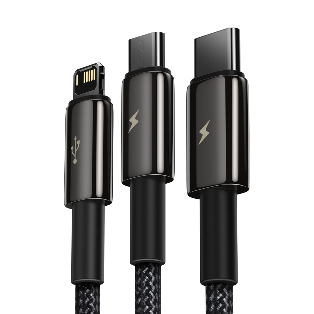 (1.5m) 3.5A 3in1 USB A auf Lightning / Micro USB / USB C Ladekabel Nylon Geflecht - Schwarz (Hochglanz)