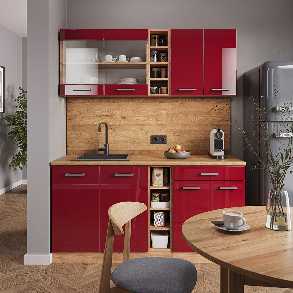 Vicco Küchenzeile Küchenblock Einbauküche R-Line Single Eiche Bordeaux Hochglanz 160 cm