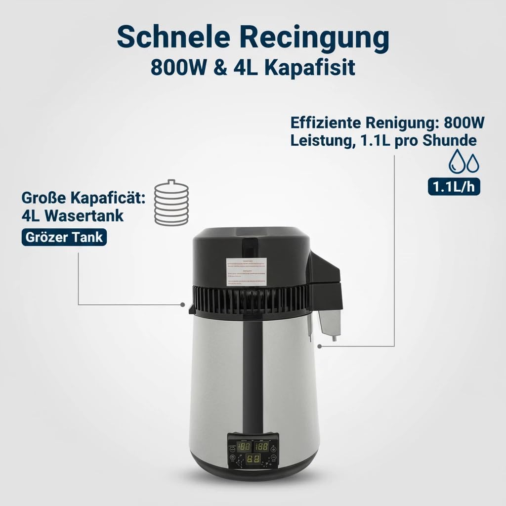 Wasserdestilliergerät Wasser Destillierer 800W Edelstahl Distilleranlage 4L Kapazitätfür Zuhause, Zahnklinik, und Labor mit Sammelkanne Dreifach-LED Automatischer Abschaltung