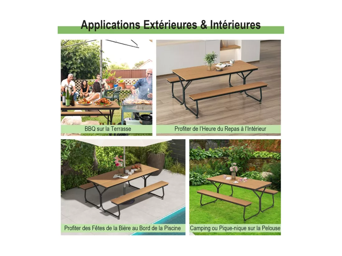 Ensemble Table et Bancs de Pique-Nique avec Cadre Métal, Ensemble de Jardin Imperméable pour 8 Personnes Banc Charge 500KG, pour Jardin Piscine, 183 x 150 x 76 cm (Marron)