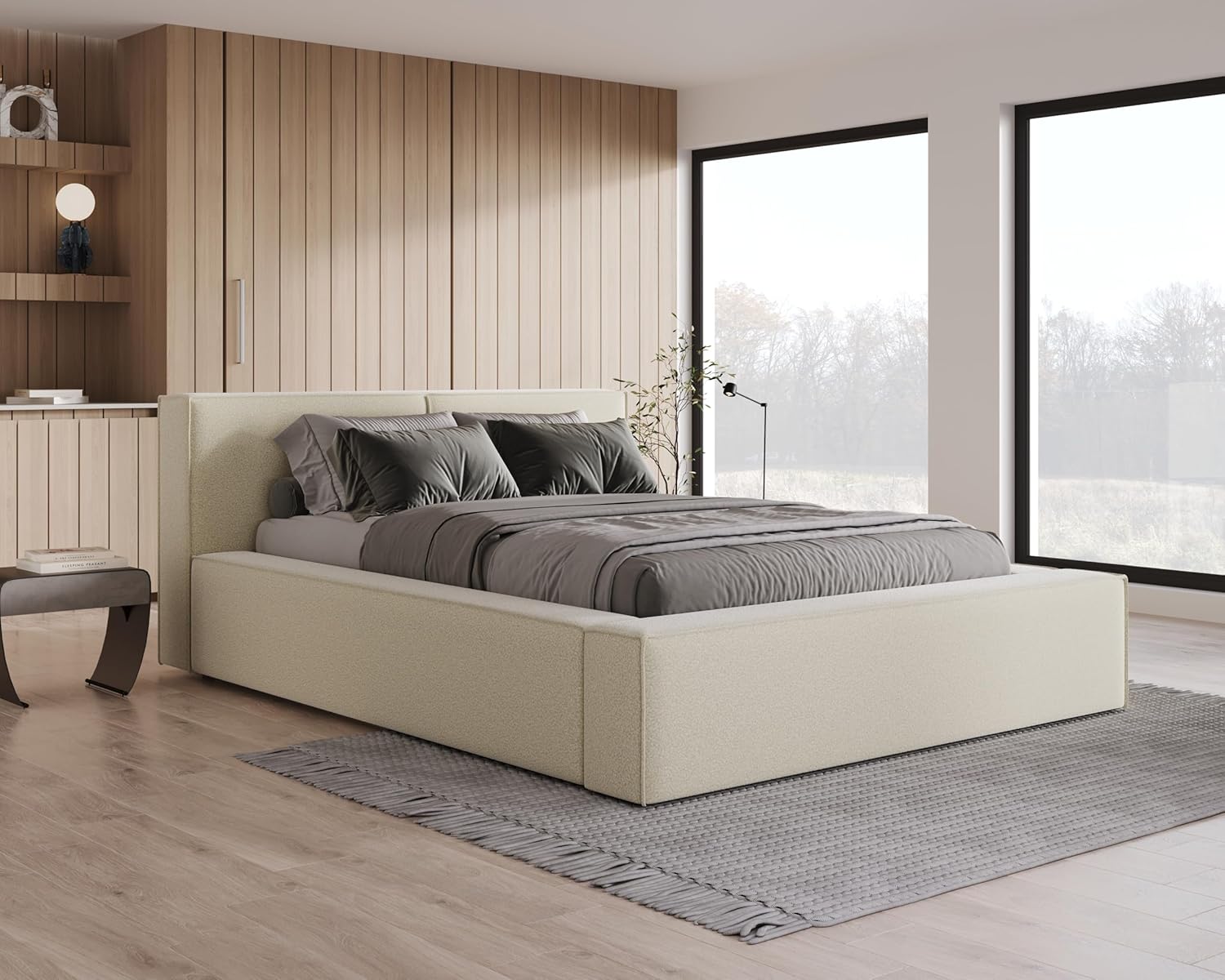 Chilly. Design Bett Lugano - Polsterbett 200x200 mit Bettkasten, Lattenrost und Kopfteil - Eleganter Bouclé-Stoffbezug Beige