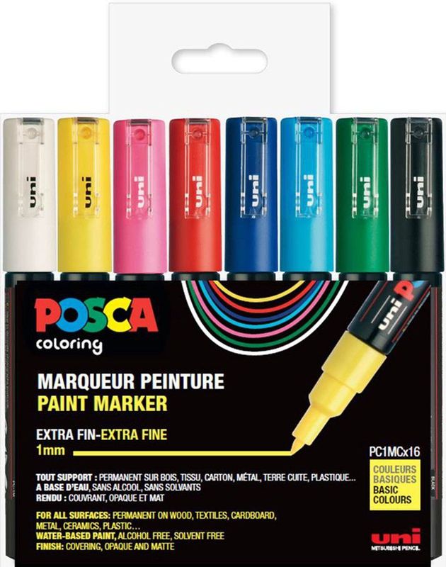 Posca - 8-delige Set - Permanentmarkers - Wit, Lichtgeel, Abrikoos, Lichtroze, Koraalroze, Lavendel, Lichtblauw, Watergroen