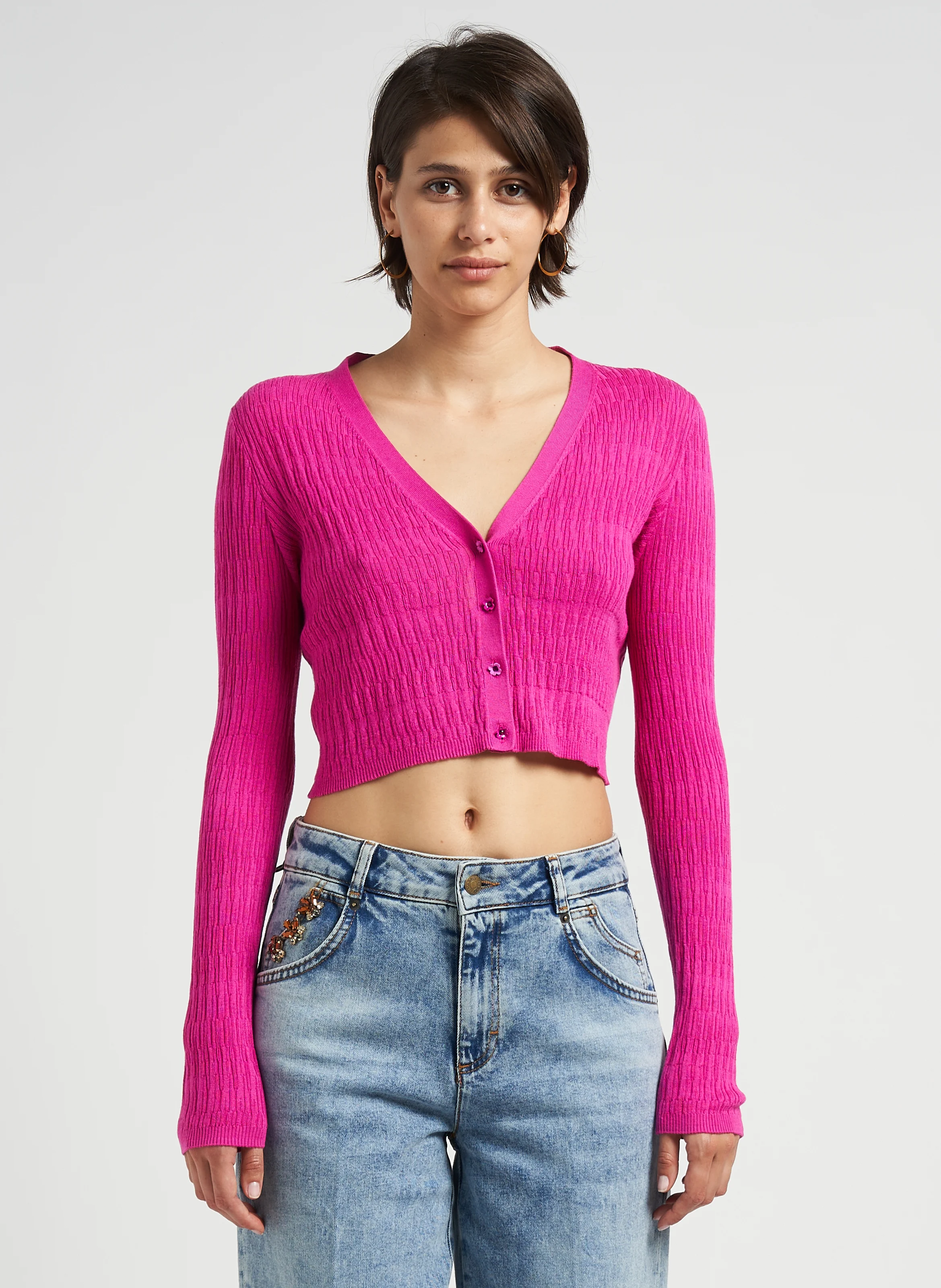 SILVIA - Cardigan court en coton mélangé | Rose