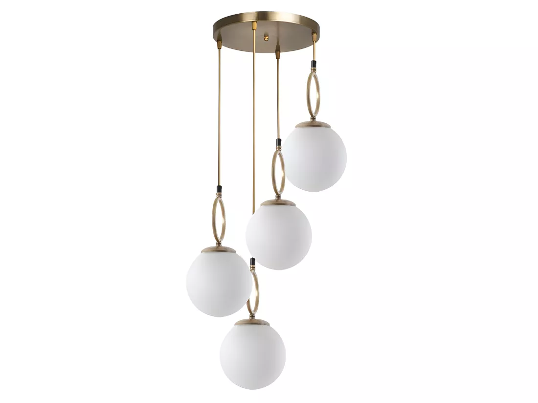 Lustre en métal 4 globes - D. 30 x H. 70 cm - Blanc et cuivre - ASROUN