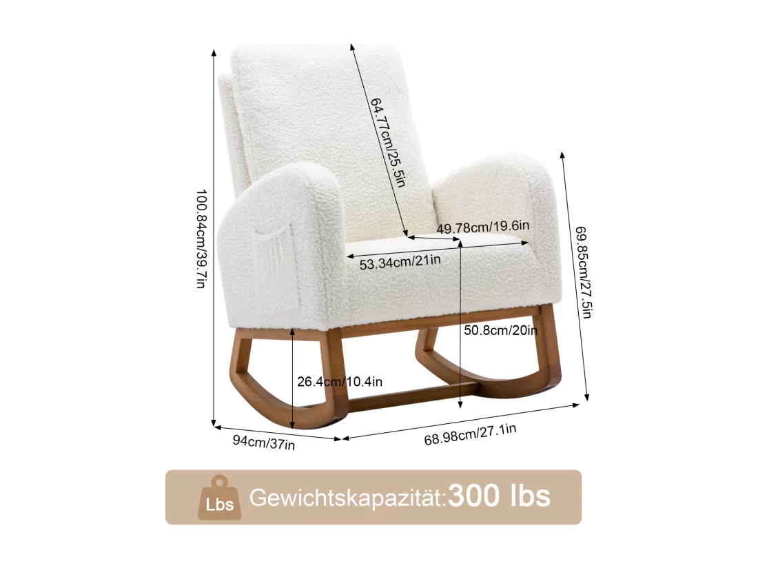 Fauteuil à Bascule - Rocking chair - Dossier Capitonné Pieds en Bois - Style Scandinave - Blanc