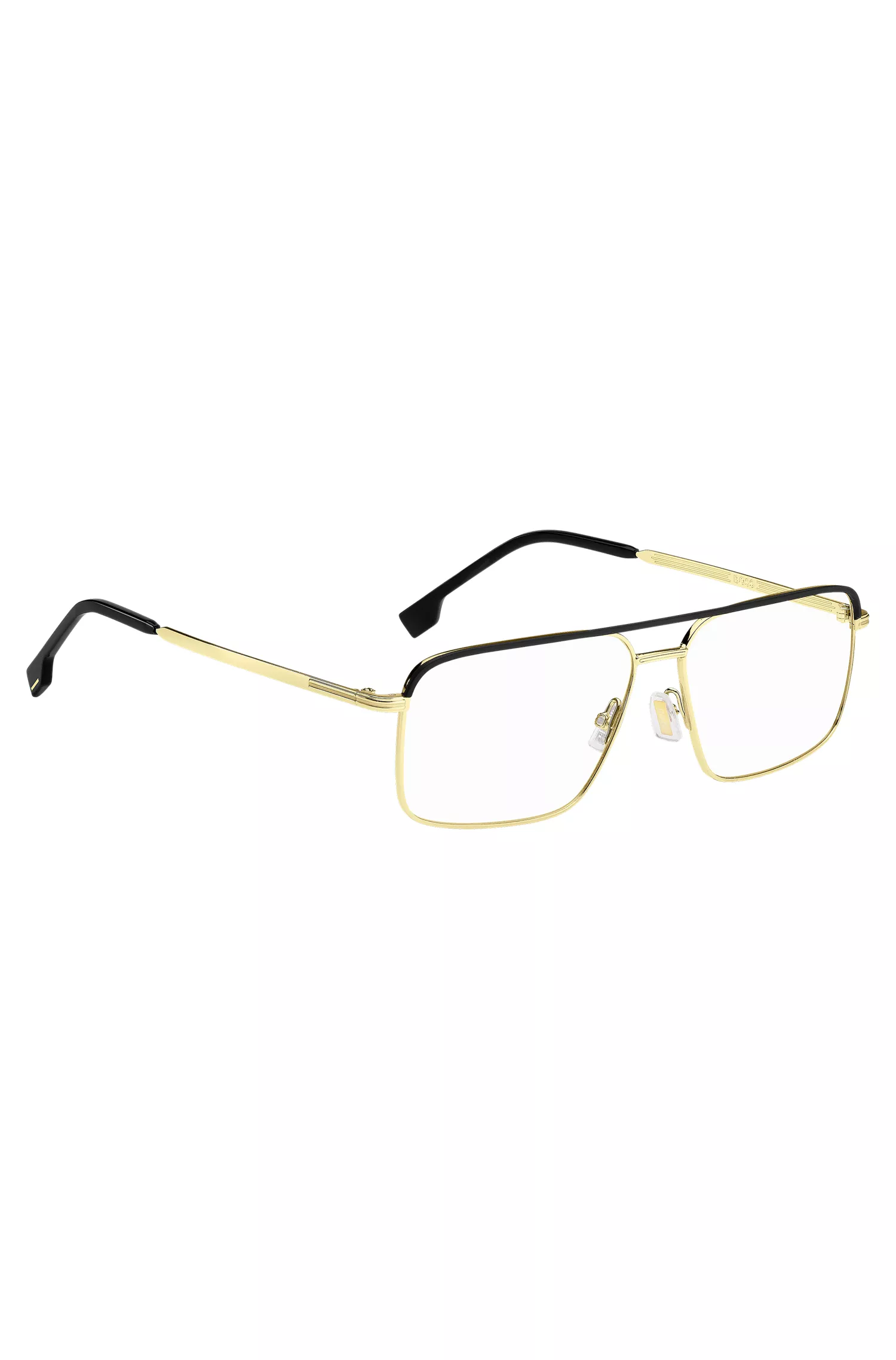 Armações de óculos BOSS Black-Steel com acabamentos em preto e dourado.