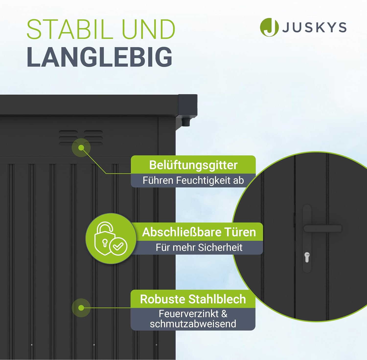 Juskys Gerätehaus Luzern Pro 5,3 m² - Metall Geräteschuppen mit Türen & Fenstern - wetterfest & abschließbar - Fahrradgarage, Gartenhaus - Anthrazit