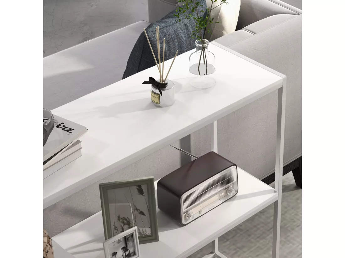 Table console plateau étagère dim. 100L x 30l x 87H cm acier panneaux blanc