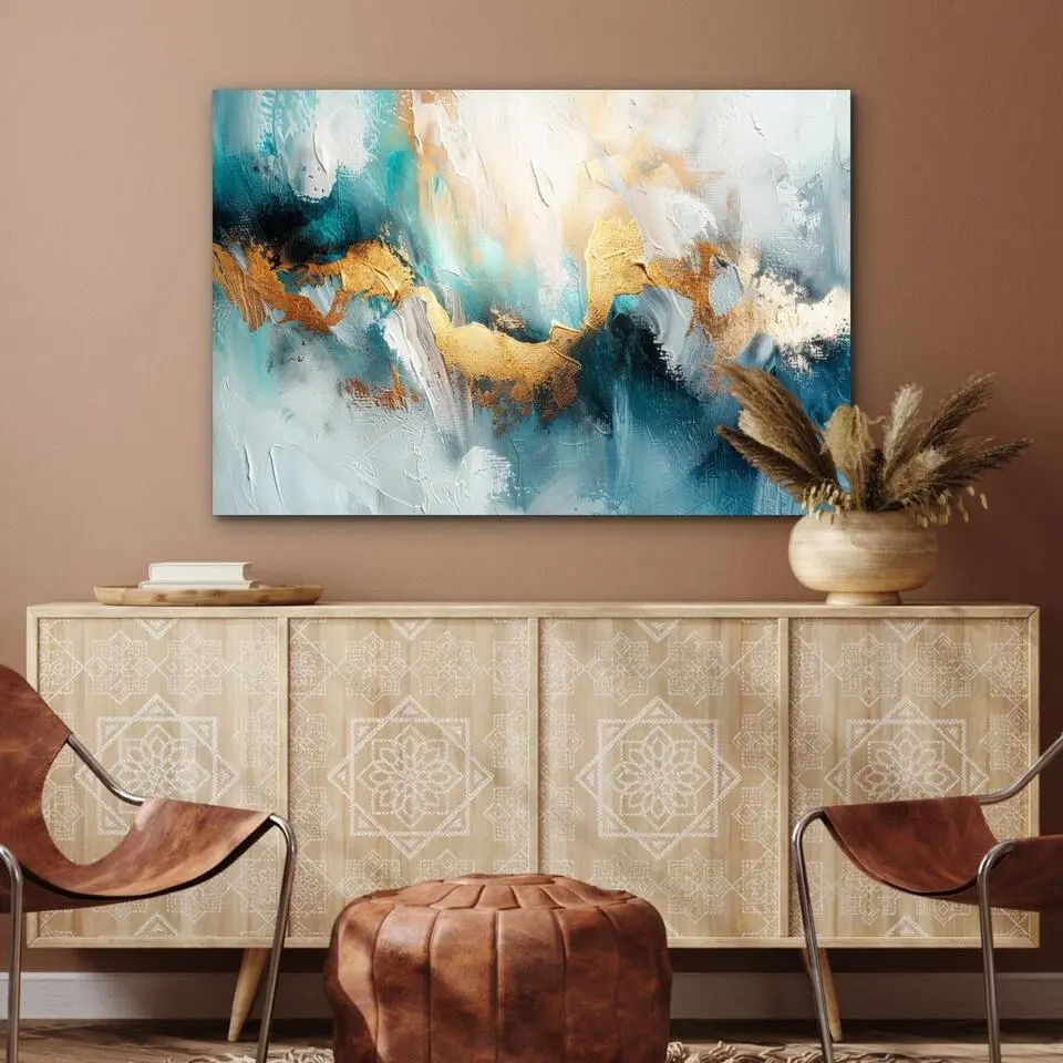 MuchoWow Aluminium Schilderij 90x60cm Abstract Kunst Gold Blauw