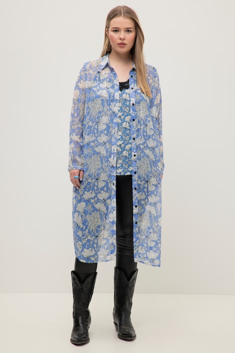 Longbluse, Chiffon, Flower Print, Hemdkragen, Langarm