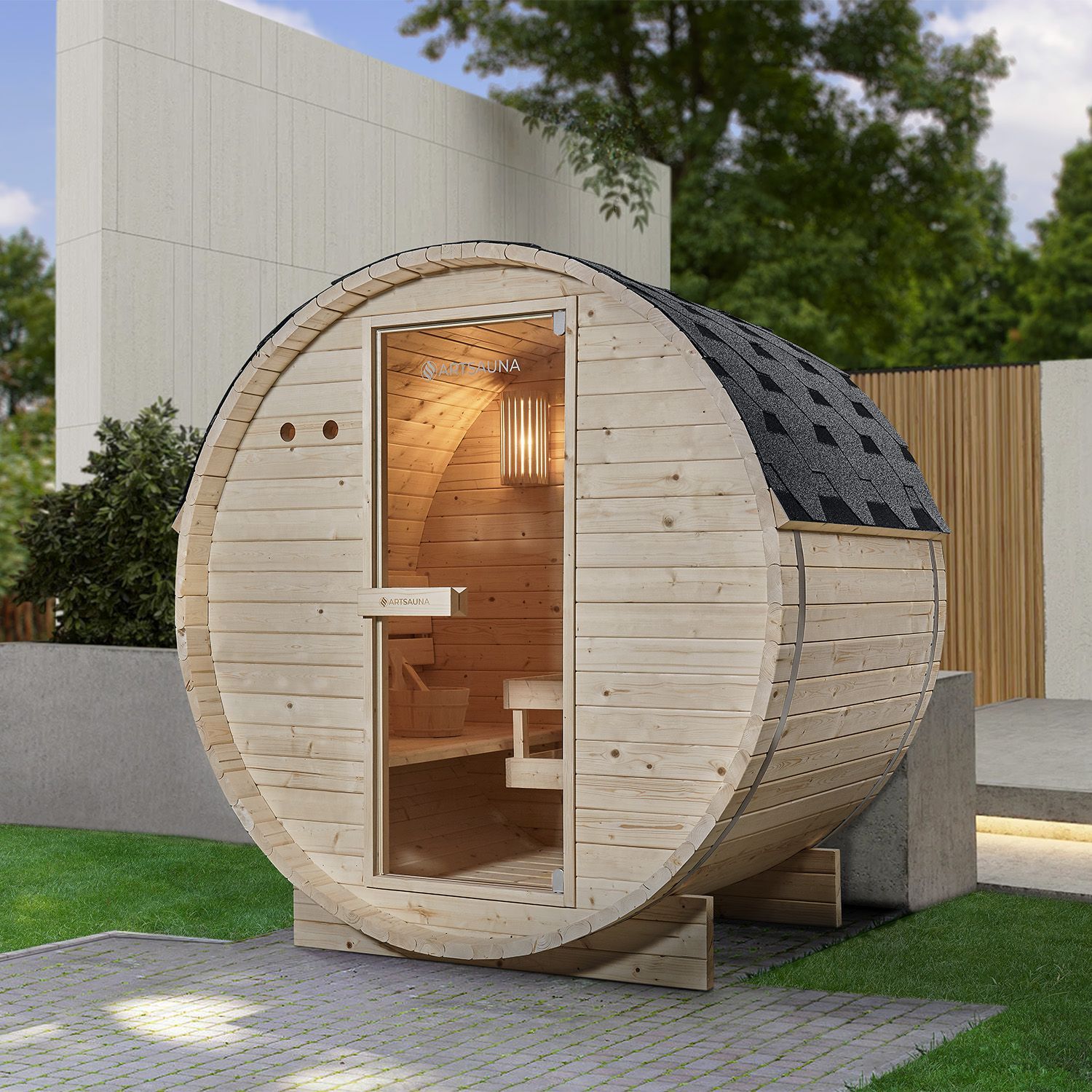 Artsauna Fasssauna Spitzbergen 120 - 2 Personen, 3,6 kW Ofen, Zubehör - Fichtenholz Sauna