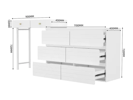 Coiffeuse (sans chaise ni miroir), y compris buffet extractible, meuble de rangement 180*40*85cm, trois niveaux, six tiroirs, blanc Blanc