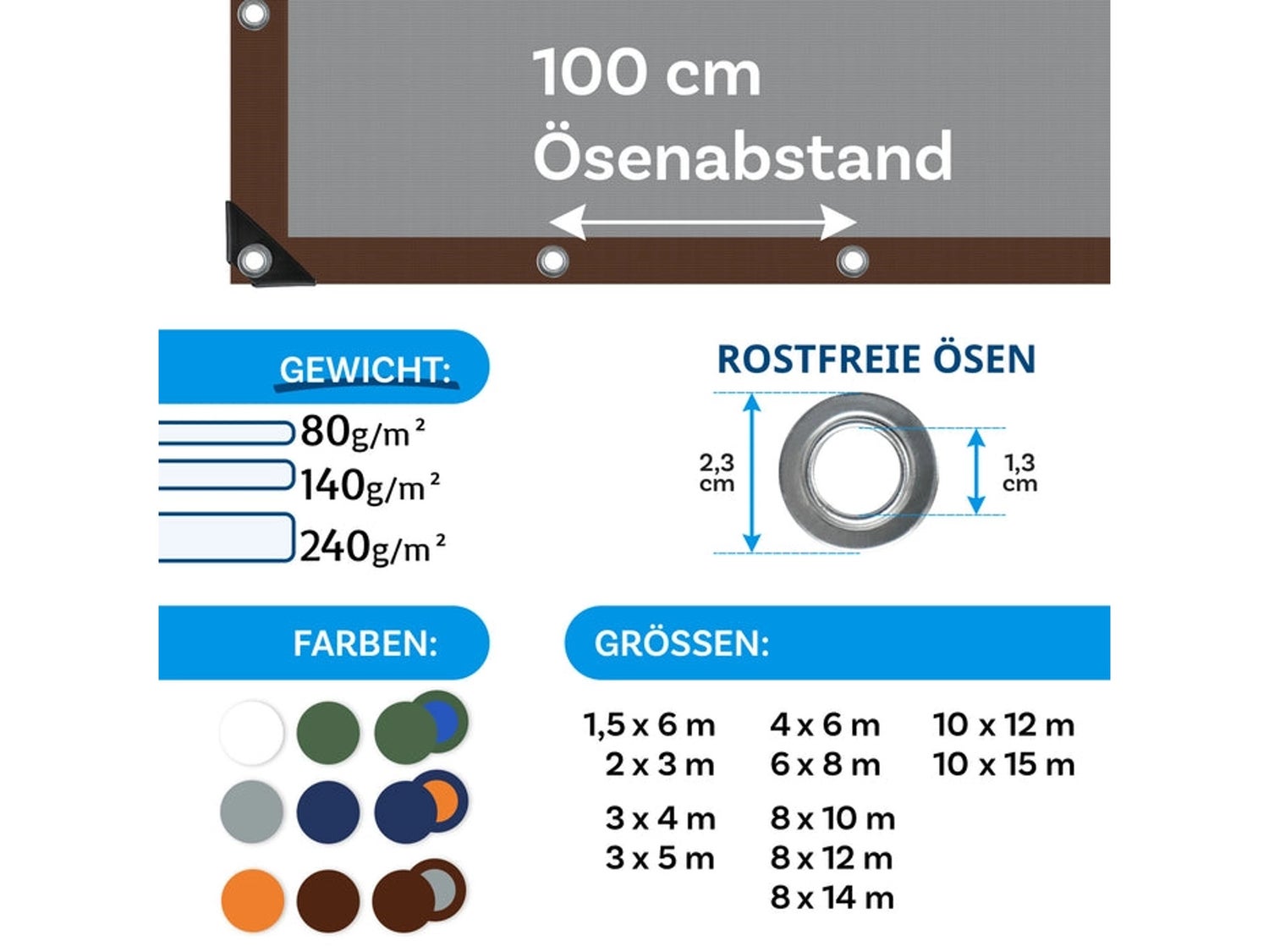 Waterdicht zeildoek met ogen, beschermhoes, 80 g/m², 1,5 x 6 m, bruin-zilver