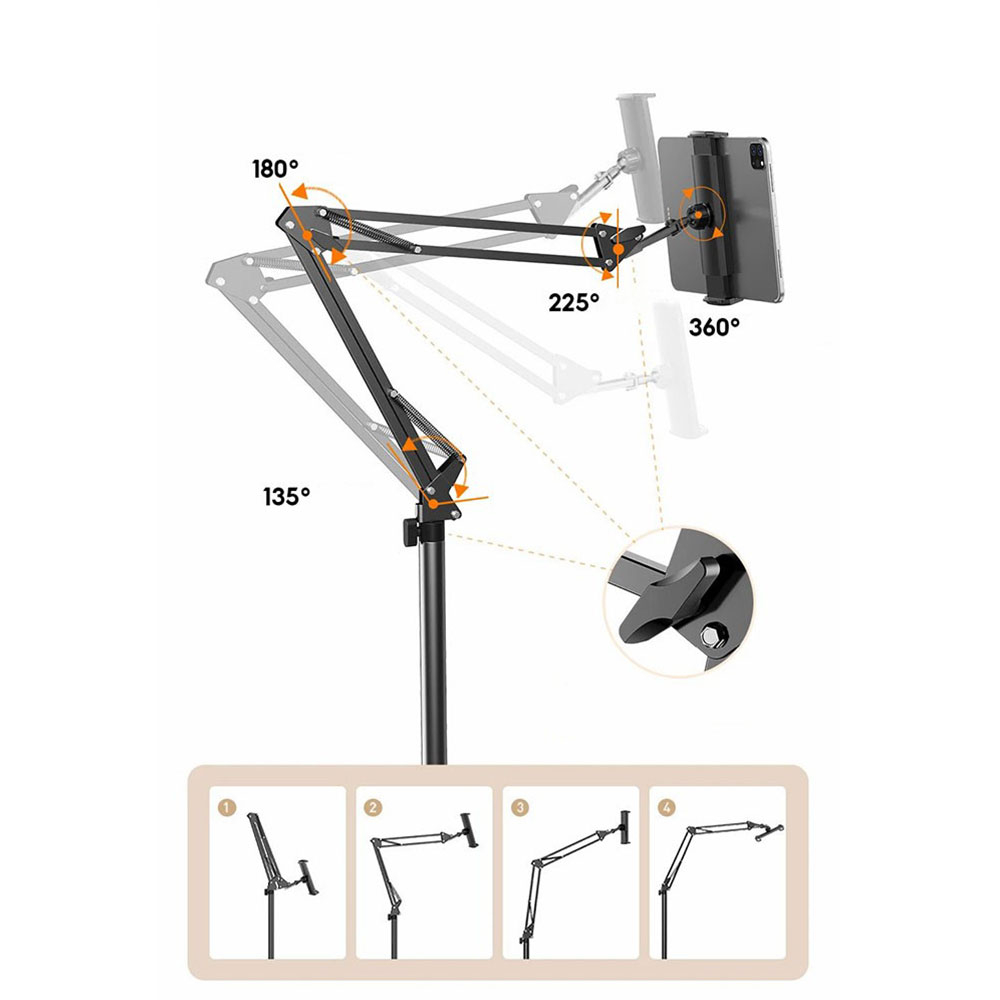 (160 cm) 360° Carbon Langarm Stativ Halterung Bodenständer für Smartphones / Tablets (10 - 33 cm) - Weiss
