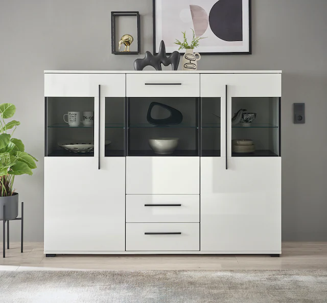 INOSIGN Highboard »Cantara, moderner Schrank, Vitrine in Eiche Dekor oder weiss« schwarze Stangengriffe, ausreichend Stauraum, vielseitig einsetzbar