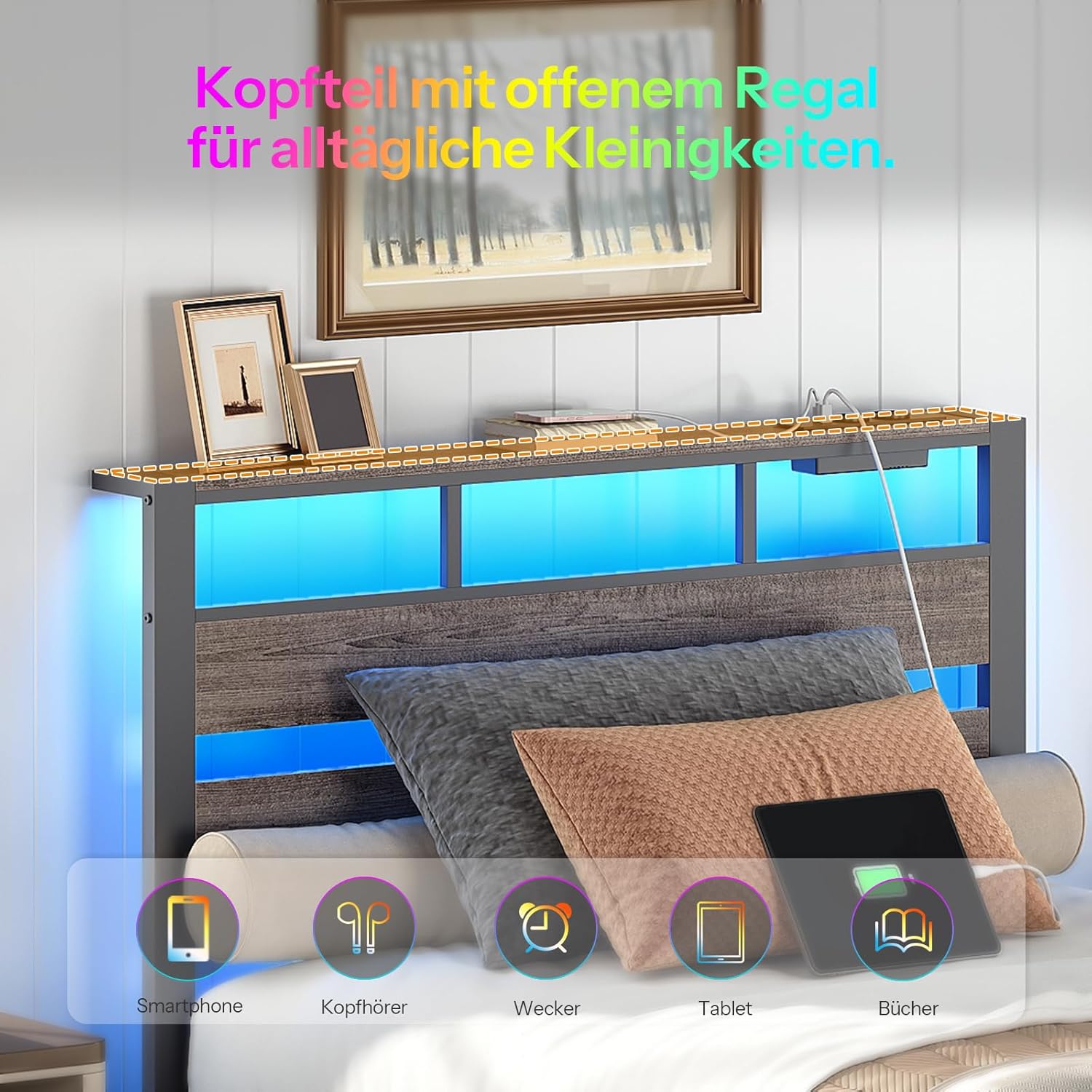 HOOBRO Bett 90 x 200 mit Lattenrost, Einzelbett mit Kopfteil, LED-Beleuchtung, Ladestation (2AC, 2USB-A), Bettgestell 90 x 200 cm, Metallbett für Schlafzimmer Gästezimmer, Anthrazit EBC77CDBF01 DR4563831