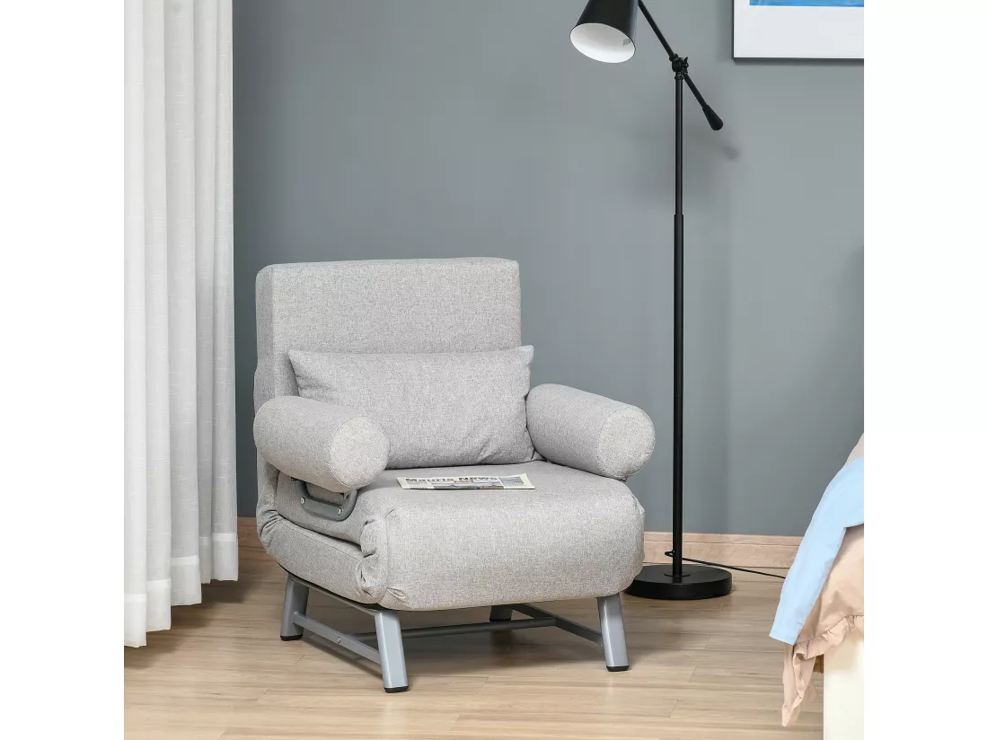 Fauteuil chauffeuse canapé-lit convertible inclinable 1 place grand confort coussin lombaires accoudoirs piètement métal lin gris clair