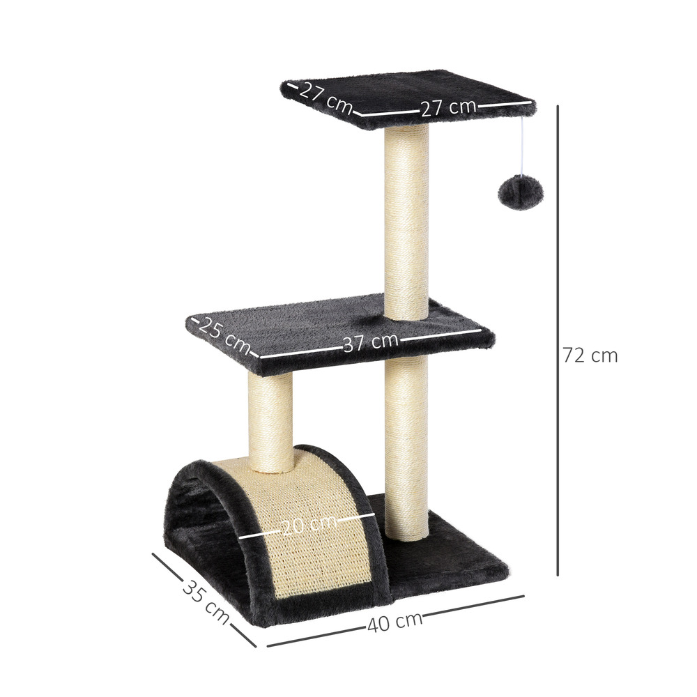 Arbre à chat griffoir grattoir design jeu boule suspendue 2 plateformes peluche sisal naturel gris