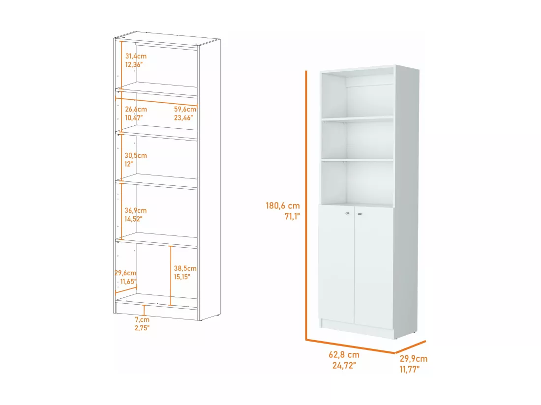 Bibliothèque droite en mélamine Home avec 2 portes et 3 étagères , 180.59 cm X 62.78 cm X 29.89 cm , Blanc