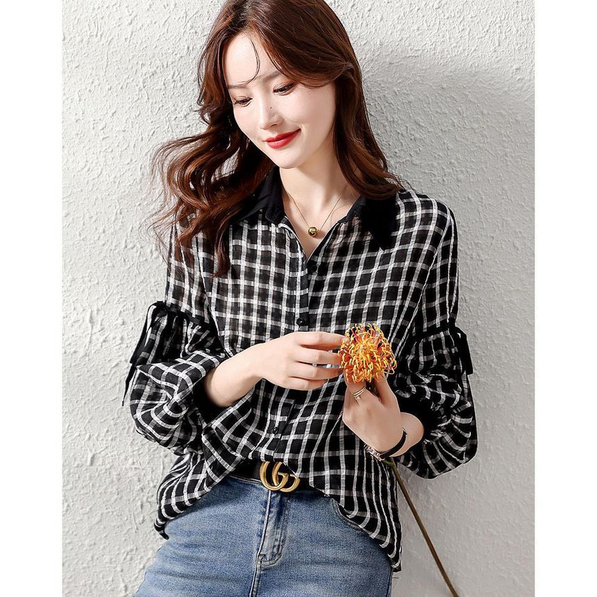 Jeonseon - Blouse met lange mouwen, kraag en strik