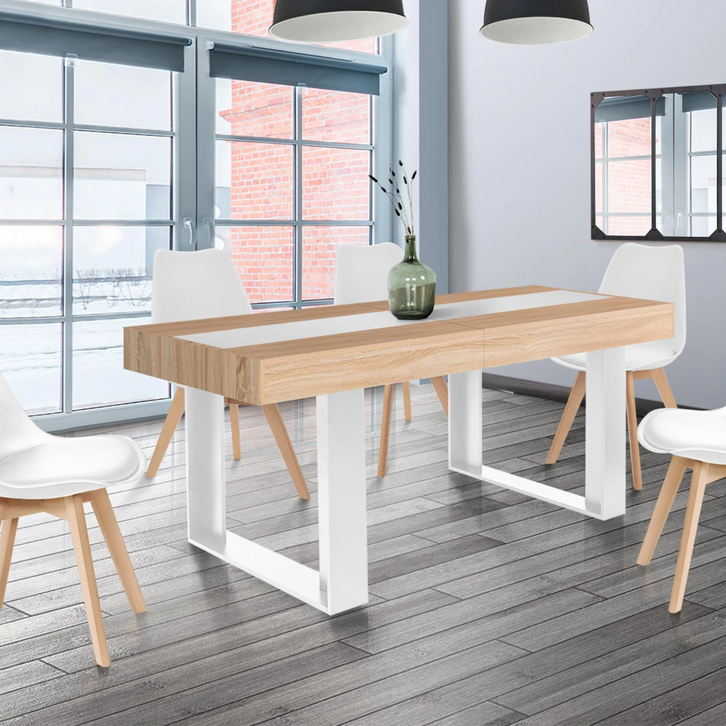 Table à manger extensible rectangle PHOENIX 4-8 personnes bois et blanc bande centrale blanche 160-200 cm